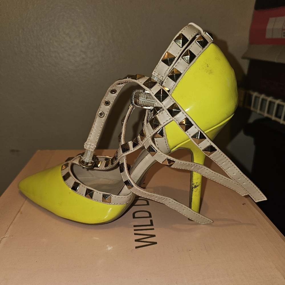 Wild Diva Neon Yellow Studded Heels